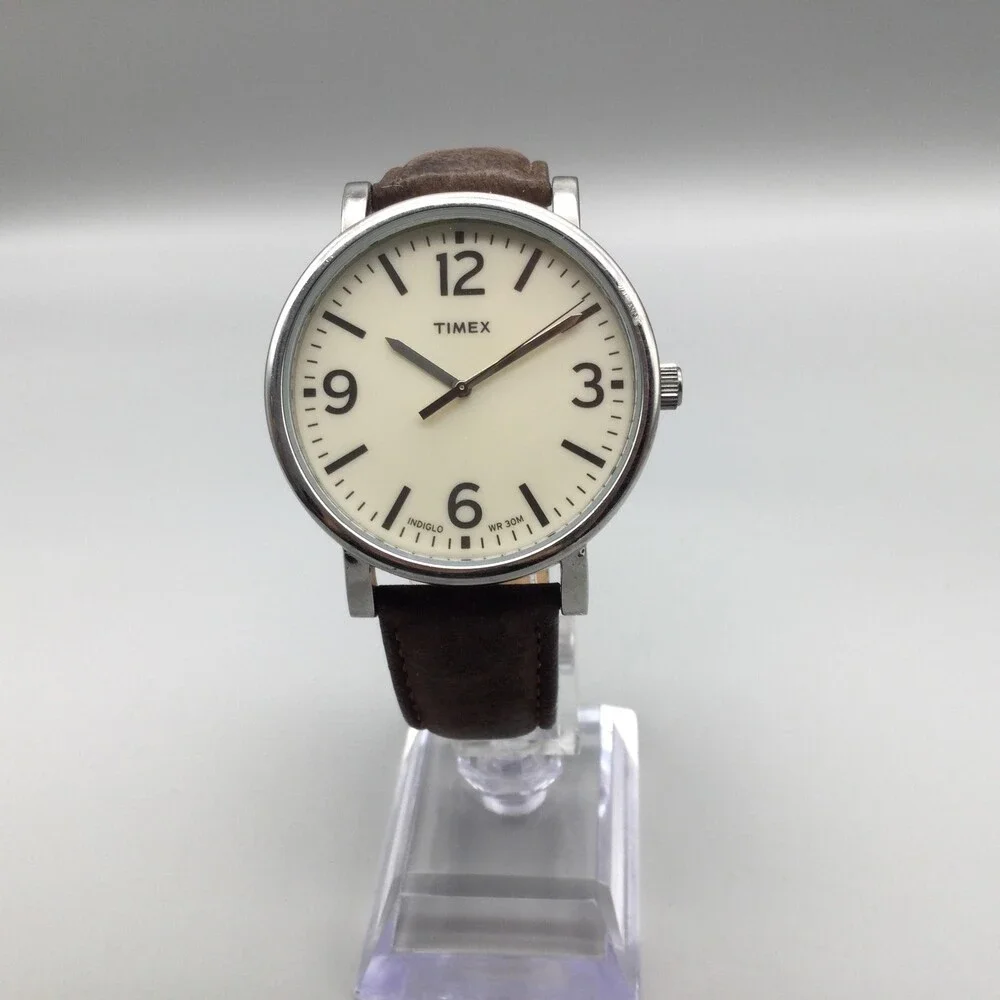 Timex Indiglo WR 30M Mens Watch 42mm Cream Dial Brown Leather T2P526 New Battery
